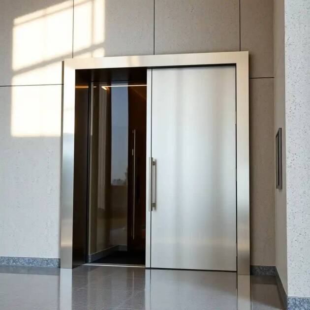 Modern steel lift door with tinted glass panel