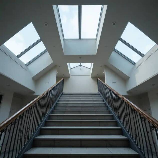 Skylight-lit staircase connecting levels with metal handrails