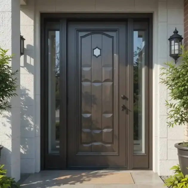 A glass paneled wooden door at the entrance of a home