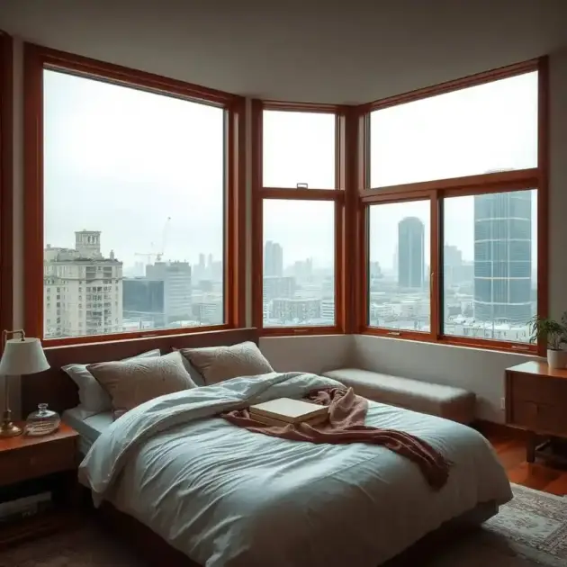 Panoramic wood and glass windows in an apartment bedroom