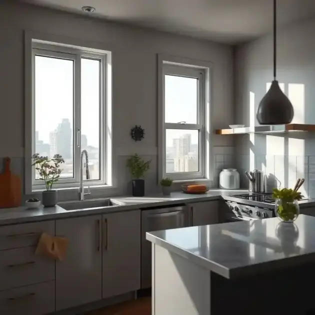 Custom glass windows in an apartment kitchen