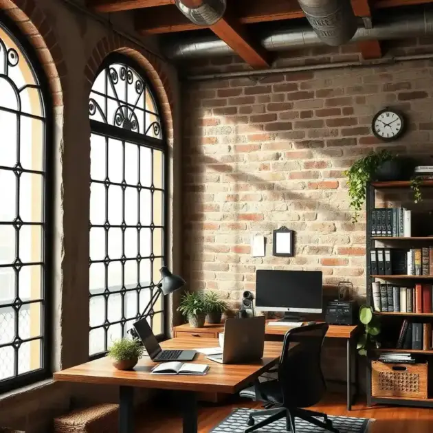 Bespoke iron and glass windows in a home office, adding a rustic feel