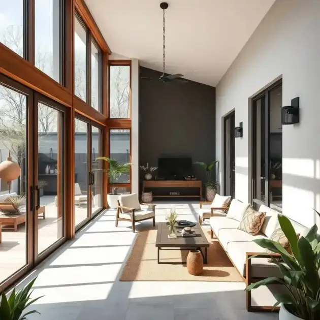 Wood and glass doors and windows: balanced minimalism