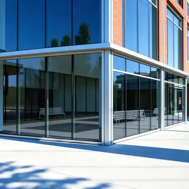 Modern building facade with reflective glass panels and aluminum frames