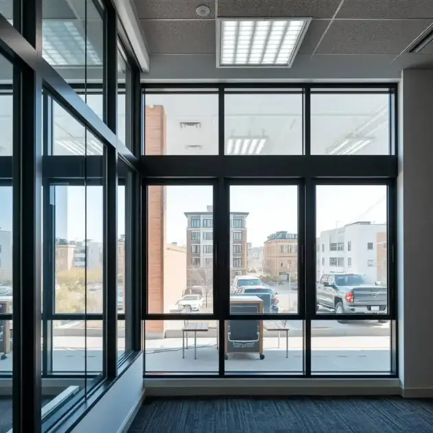 Commercial space with large, rectangular windows with metal frames