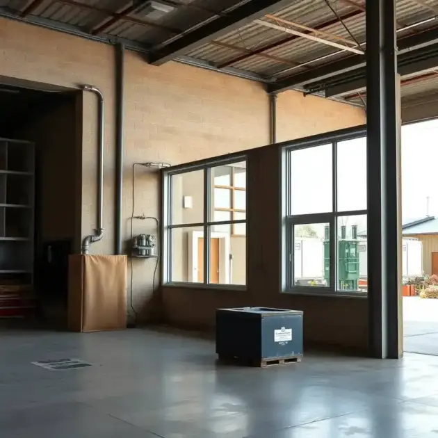 Industrial warehouse with large windows of glass panels and metal frame