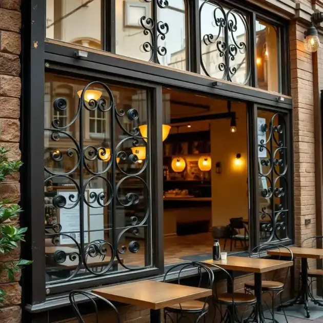 Cafe-restaurant facade with large wrought-iron windows