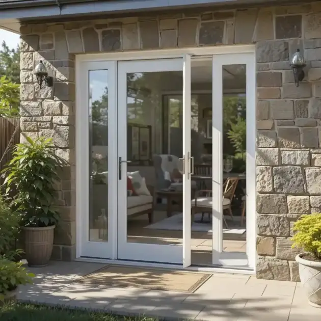 Elegant patio door with glass panels.