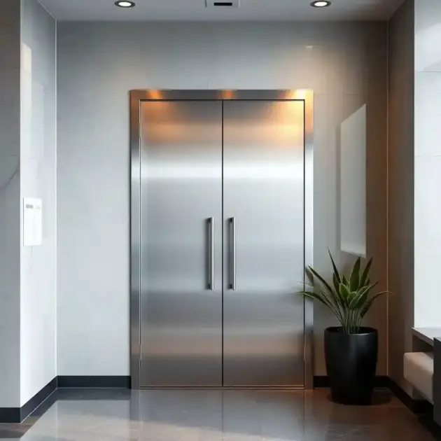 Modern entrance with double metal doors conveying minimalism and a sophisticated atmosphere