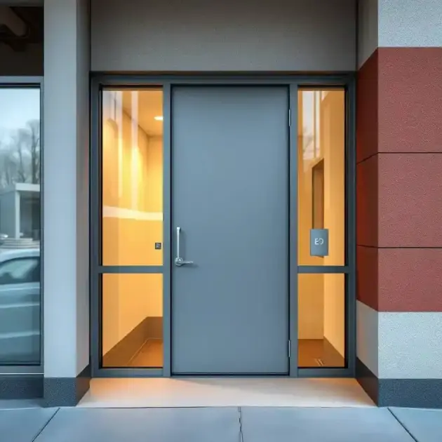 Gray metal double doors, flanked by glass panels, at a building's main entrance