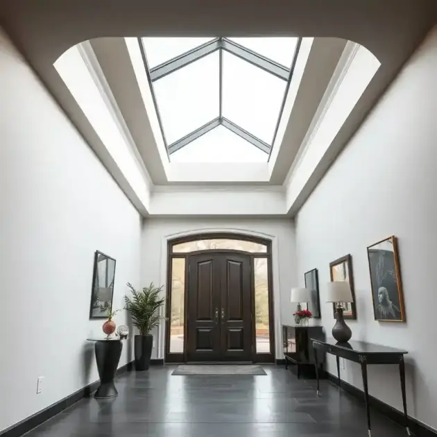 Triangular skylight and a distinctive, minimalist modern foyer