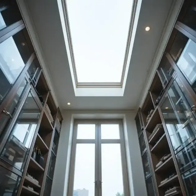 Luxurious, ornate walk-in closet with a rectangular ceiling skylight.