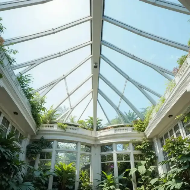 Elegant greenhouse with a segmented glass roof