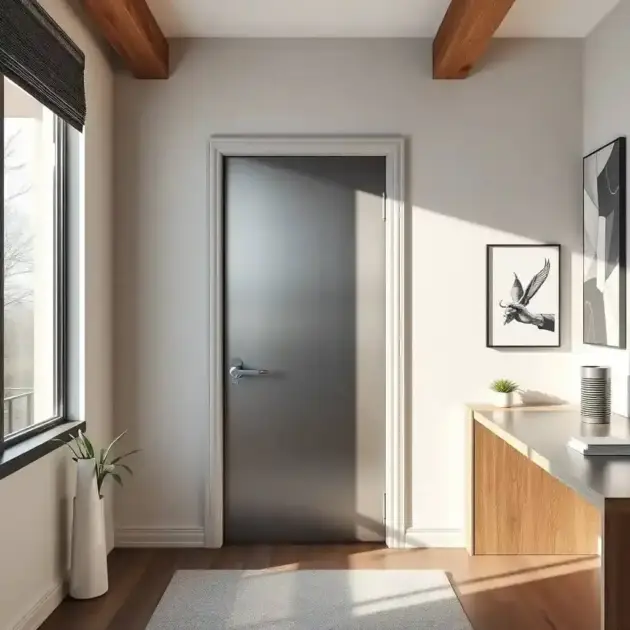 Modern, minimalist steel door in an interior hallway