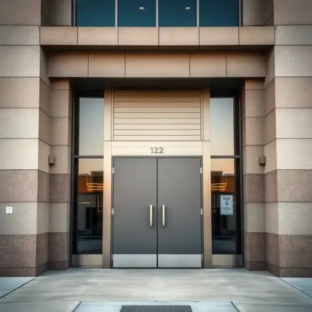 Steel door at the main entrance of a modern building