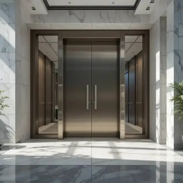 Oversized metal double doors in a luxurious and modern building entrance